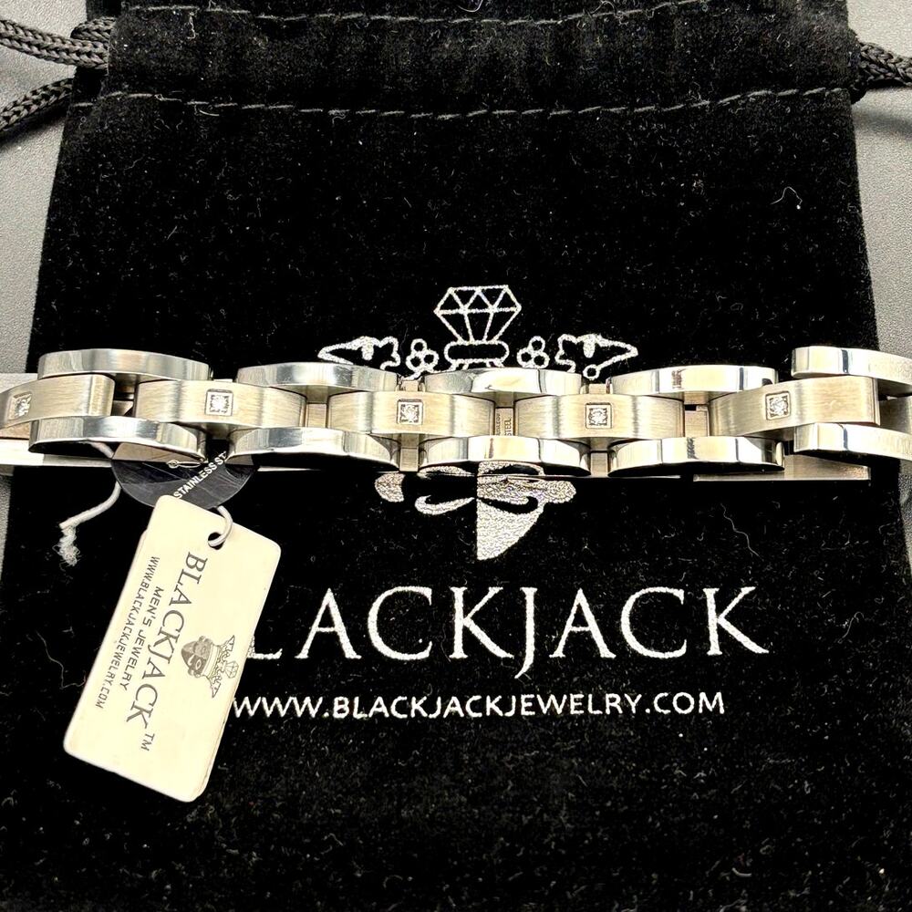 Blackjack BJB49T Men's Curved Link Stainless Steel Bracelet Cubic Zirconia NIBWT